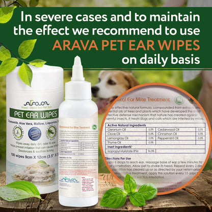 ARAVA PET EAR WIPES packaging with a dog in the background and text about usage.