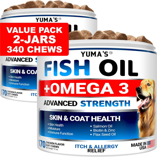 Two jars of Yuma's Fish Oil + Omega 3 for dogs on a white background