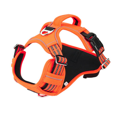 Orange dog harness with reflective stripes on a white background