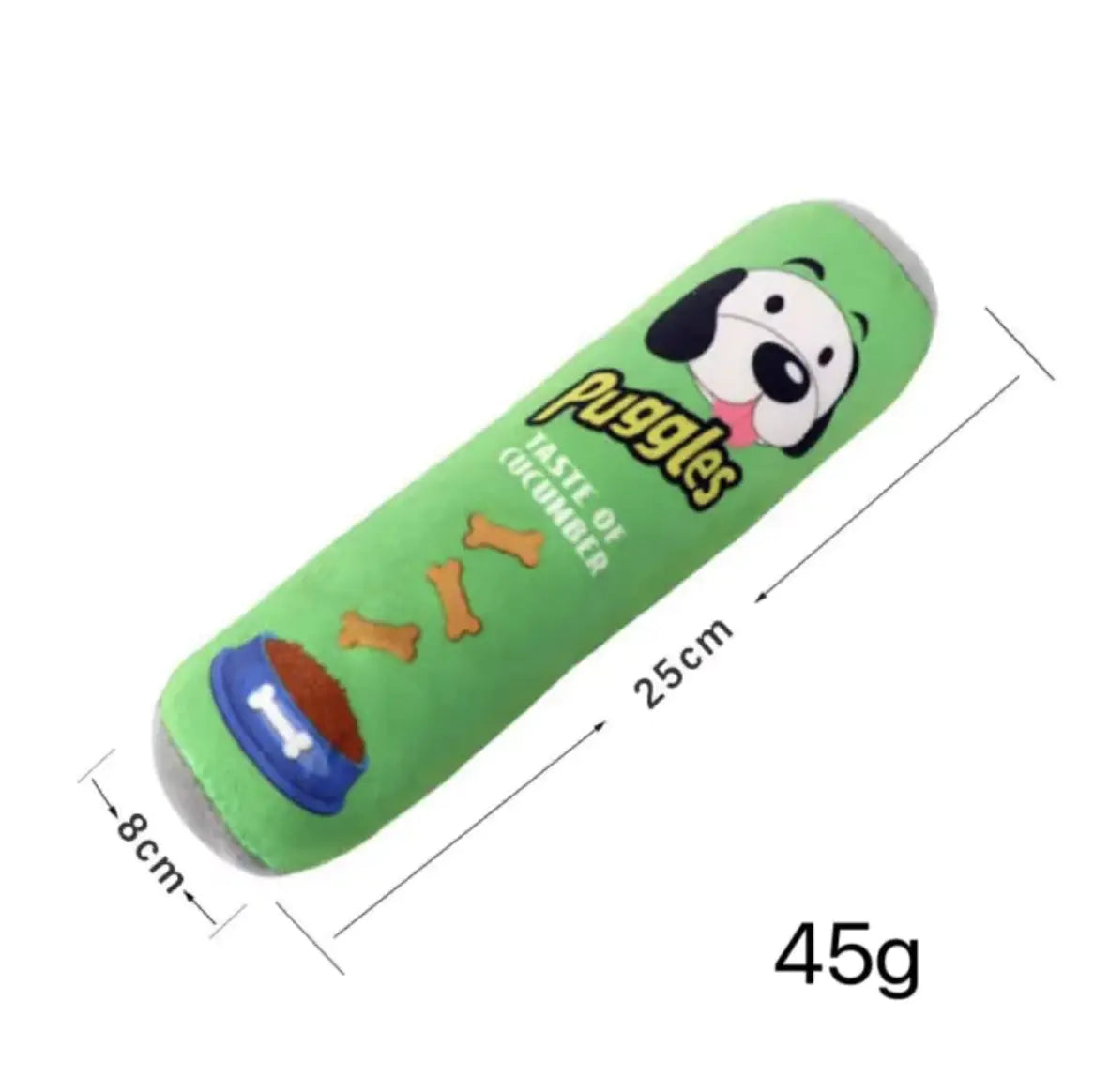 Green dog chew toy with cartoon dog face and measurements on a white background