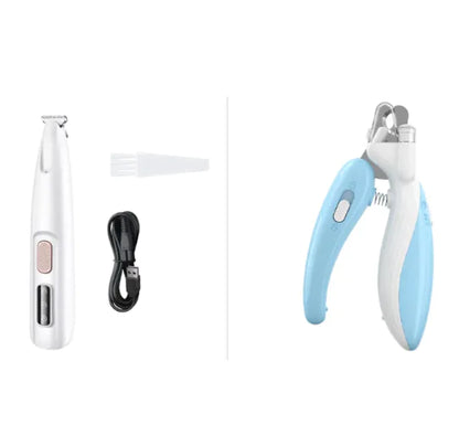 Set of pet grooming tools including a nail clipper, trimmer, and black clip on a white background.