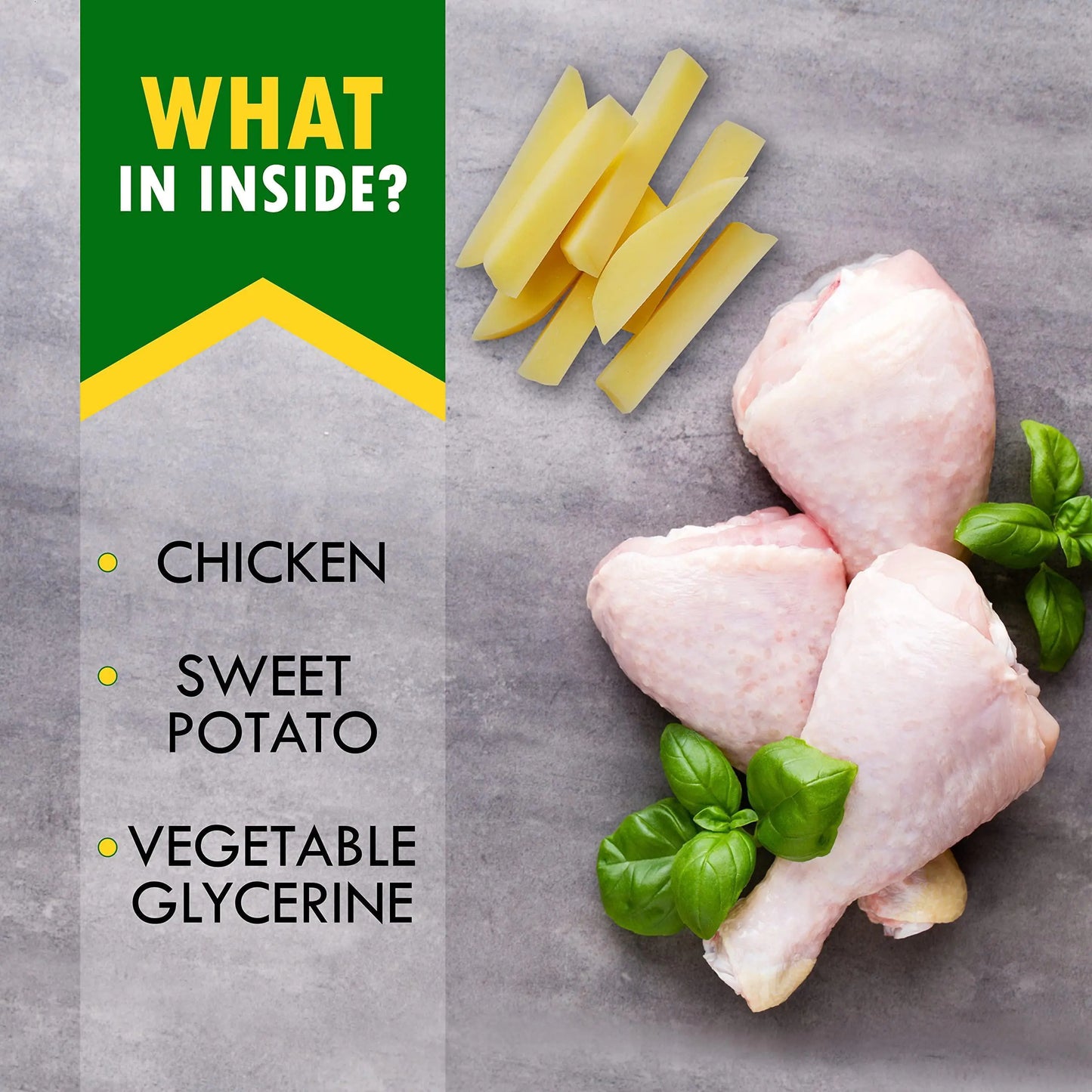 Raw chicken with sweet potato and basil leaves on a gray surface, labeled ingredients on the side.