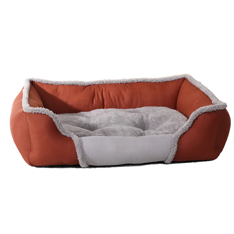Red pet bed with gray interior on a white background