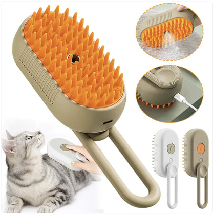 Pet grooming brush with orange bristles, shown with a cat and close-up details on a white background.