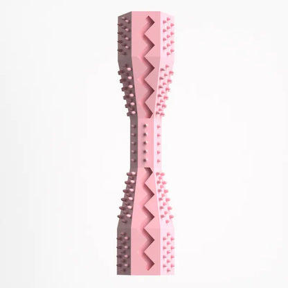 Pink pet chew toy with textured surface on a white background
