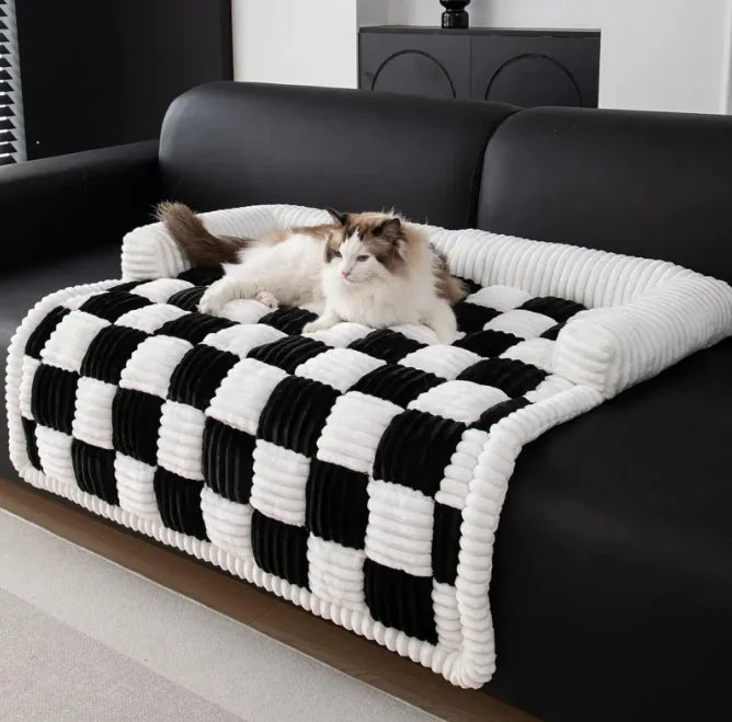 Two cats on a black and white checkered pet bed on a black sofa.