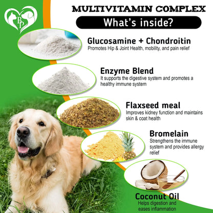 Multivitamin complex for dogs with ingredients listed and a dog on grass.