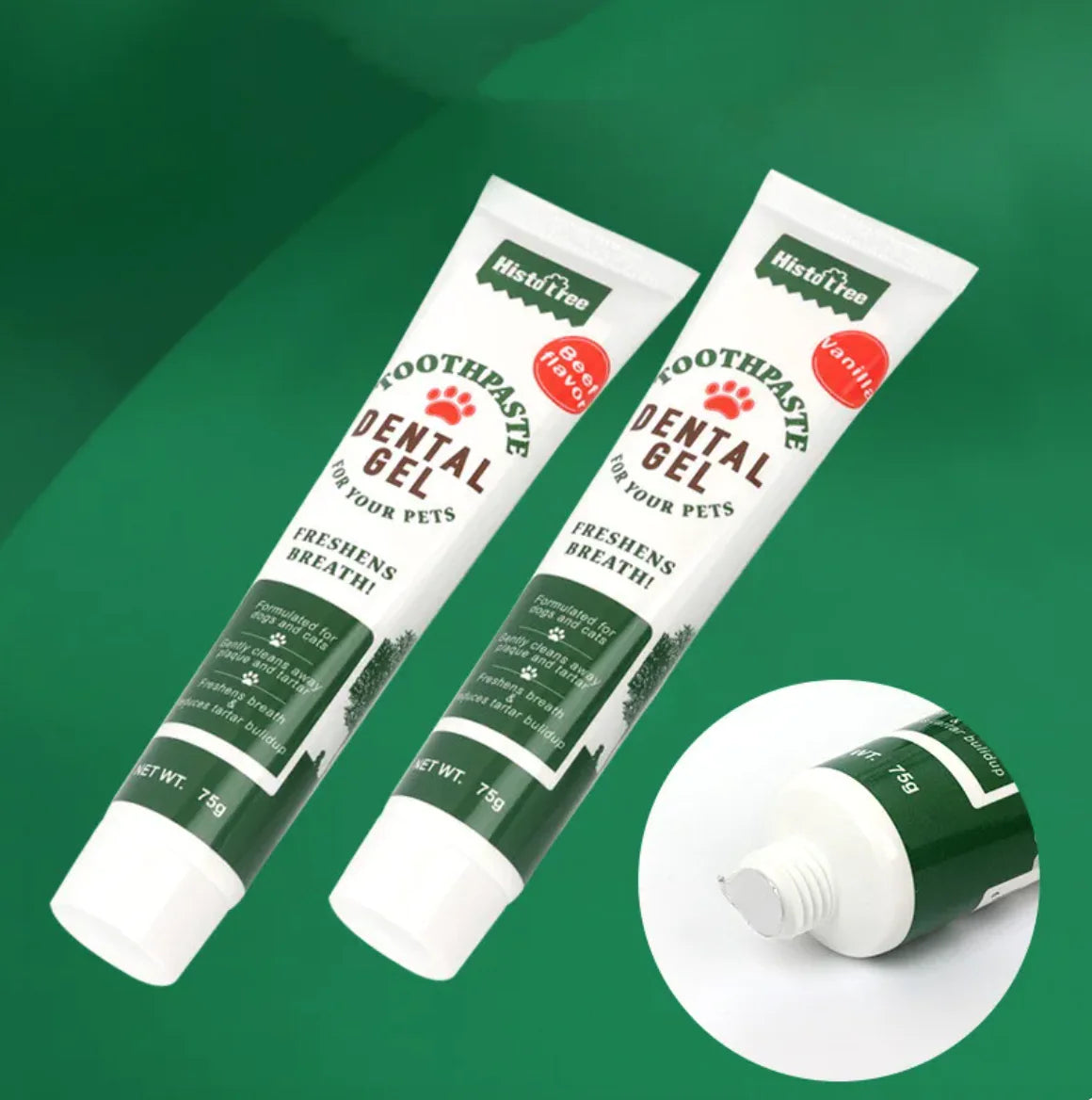 Two tubes of NiteFire dental gel for pets on a green background