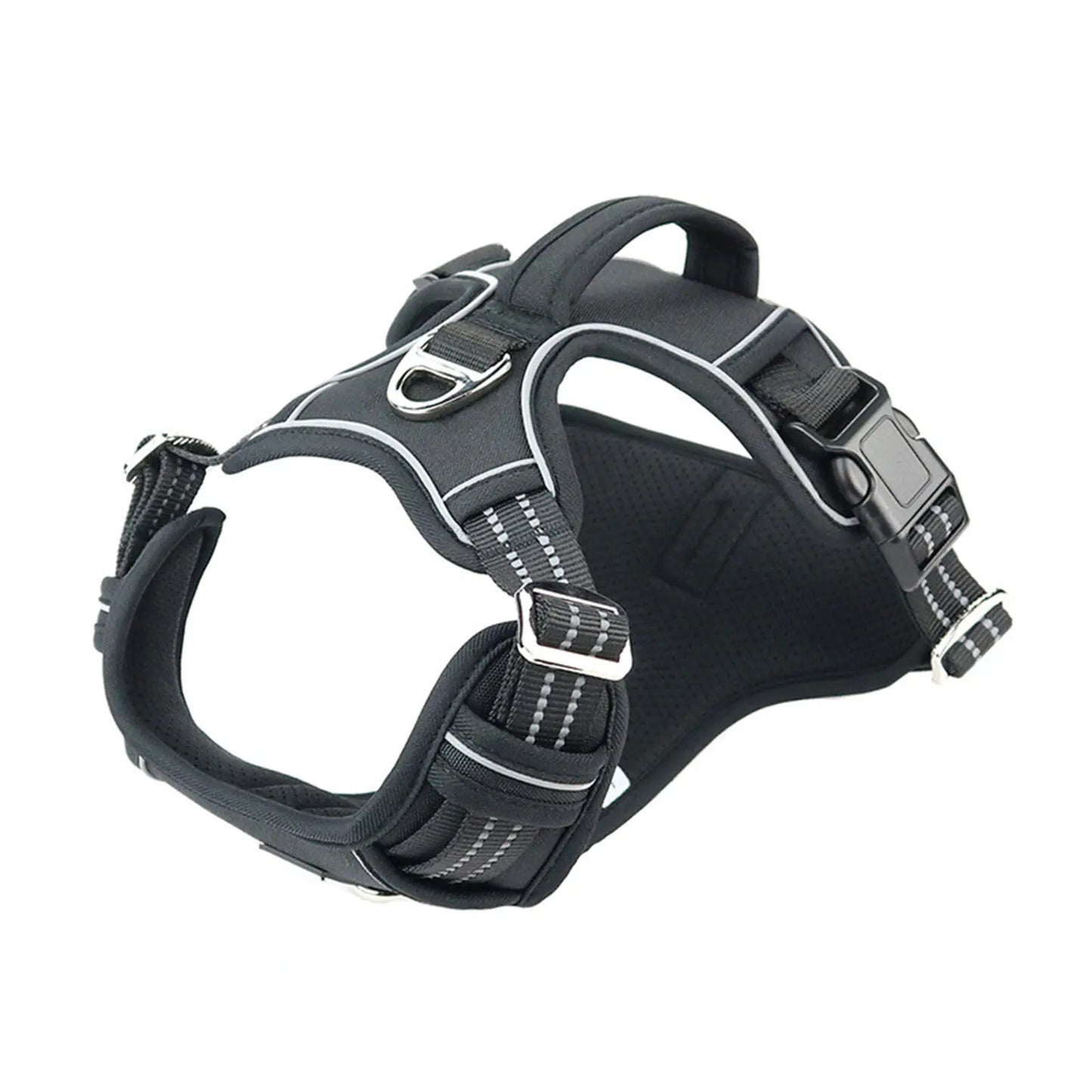 Black dog harness with reflective stripes on a white background