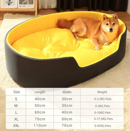 Dog lying on a yellow and black pet bed with size chart below