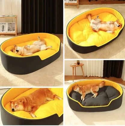 Collage of a dog lying on a yellow and black pet bed in various positions.