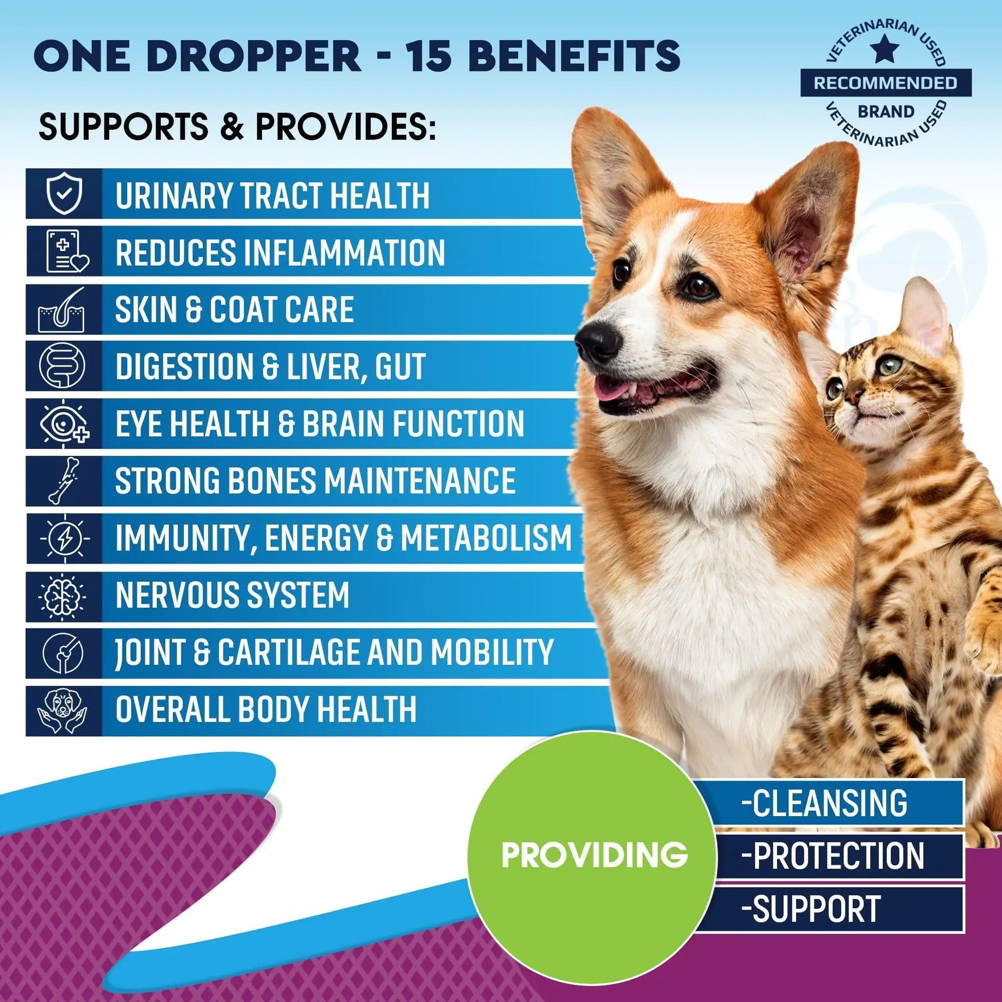 Product packaging with a dog and cat, highlighting 15 benefits on a blue and purple background.