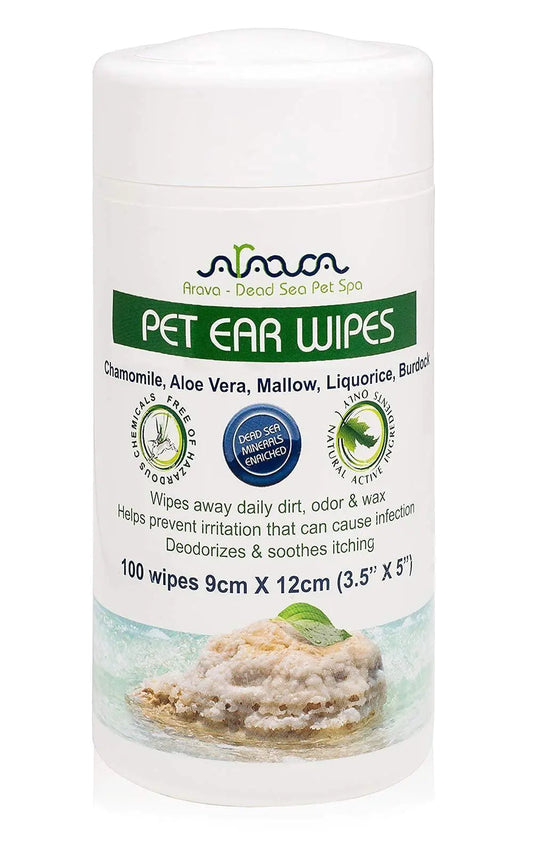 Pet ear wipes packaging with natural ingredients on a white background