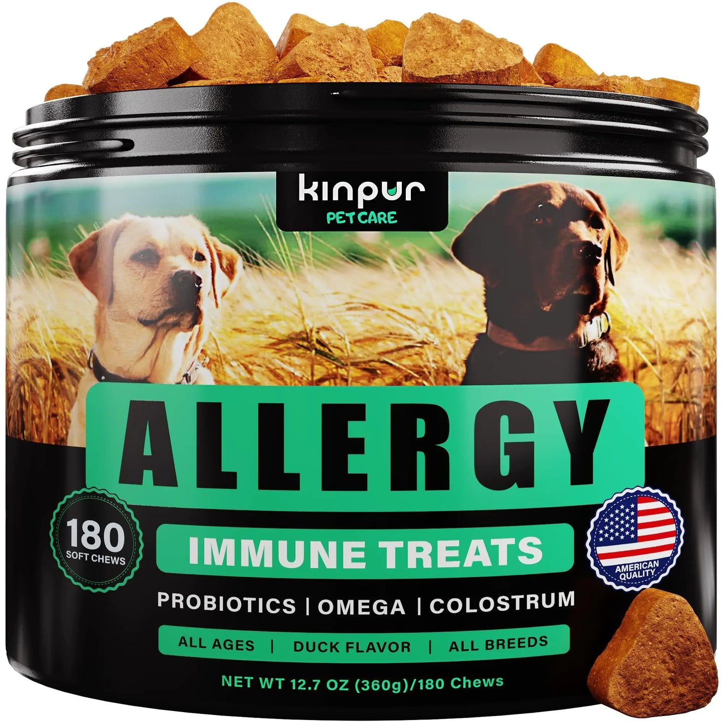 Kinpur Pet Care allergy immune treats container with two dogs on a field background