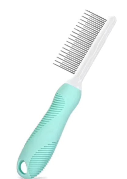 Pet grooming comb with green handle on a white background