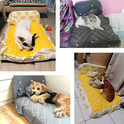 Collage of pets on various pet beds in different settings