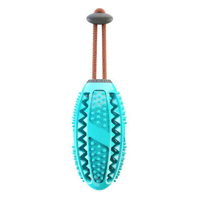 Teal dog toy with textured surface and brown rope on a white background