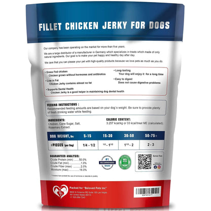 Package of fillet chicken jerky for dogs with text and branding on a white background