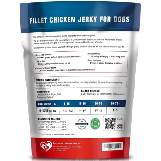 Package of fillet chicken jerky for dogs with text and branding on a white background