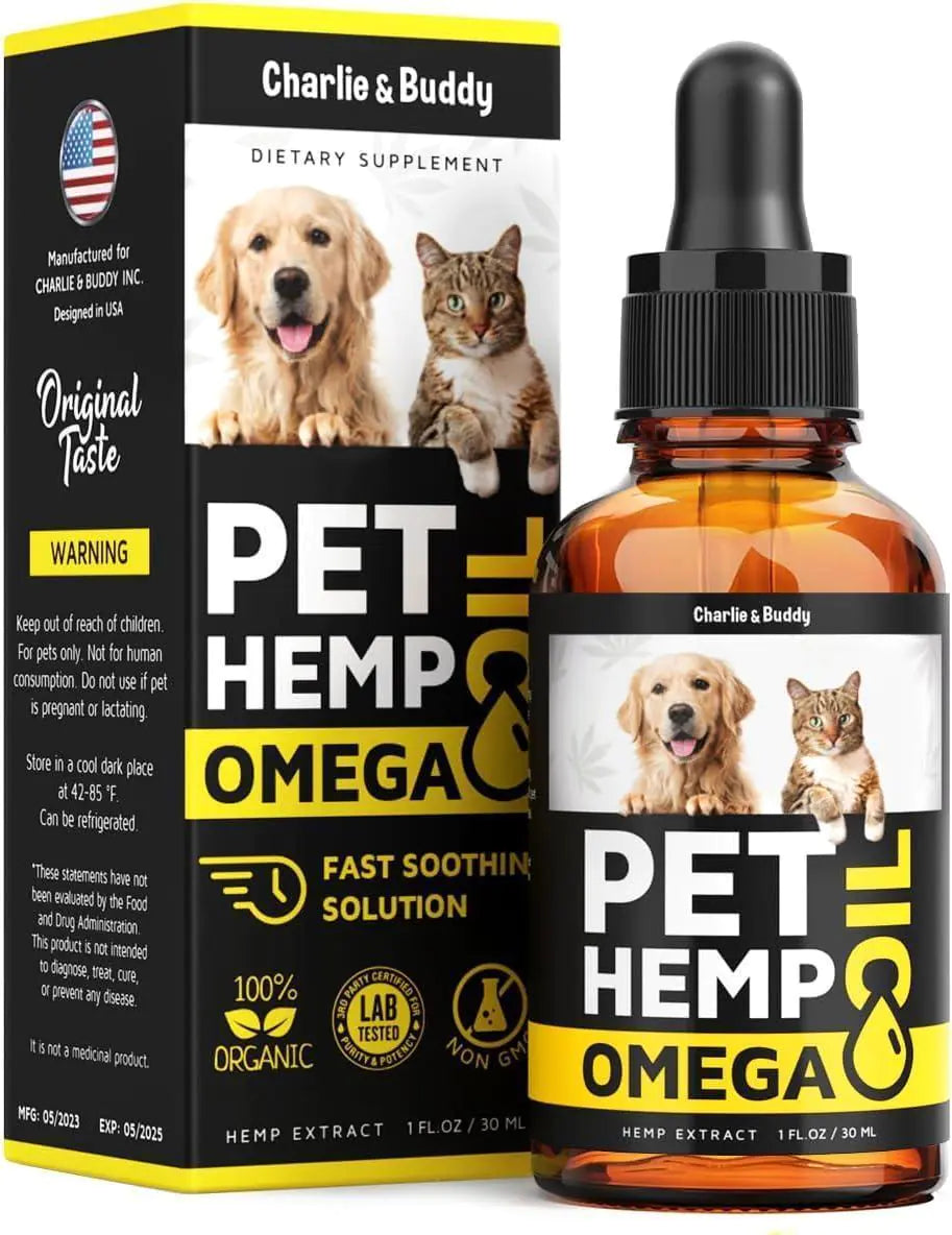 Pet Hemp Omega supplement packaging with a bottle on a white background