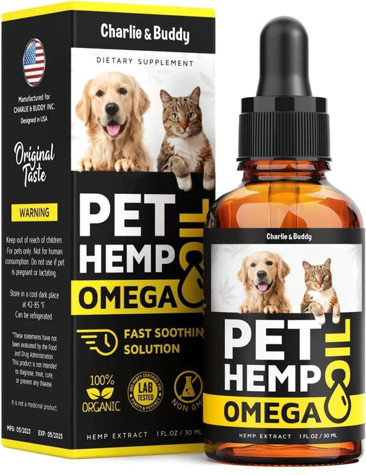 Pet Hemp Omega supplement packaging with a bottle on a white background