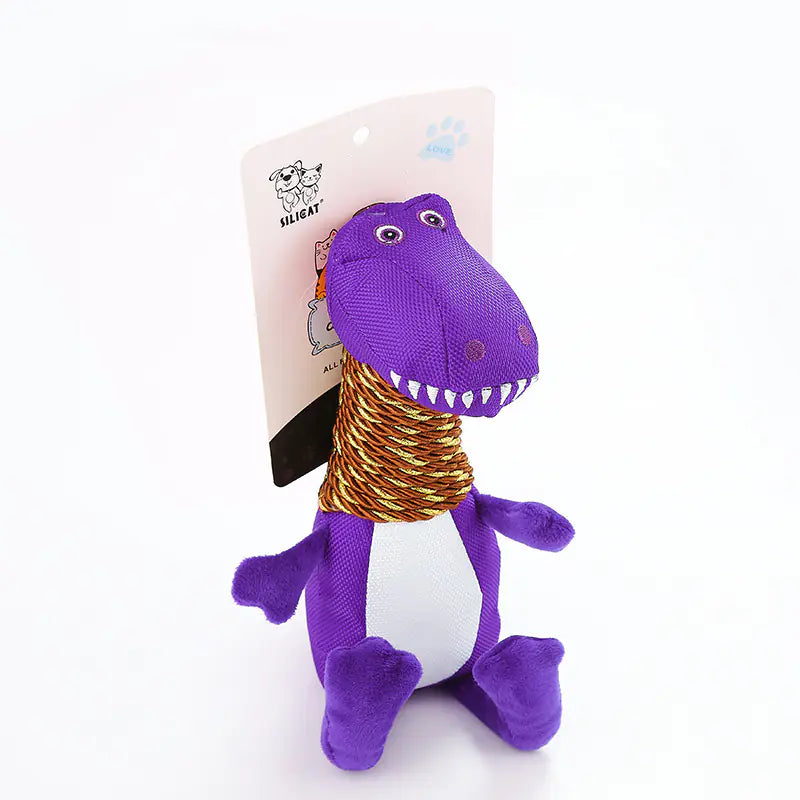 Purple dinosaur toy with a gold spine on a white background