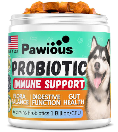 Pawious probiotic supplement for dogs with a label indicating immune support and health benefits.