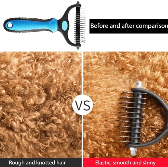 Pet grooming brush with before and after comparison of hair texture on a black background.