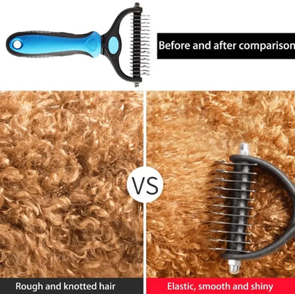 Pet grooming brush with before and after comparison of hair texture on a black background.