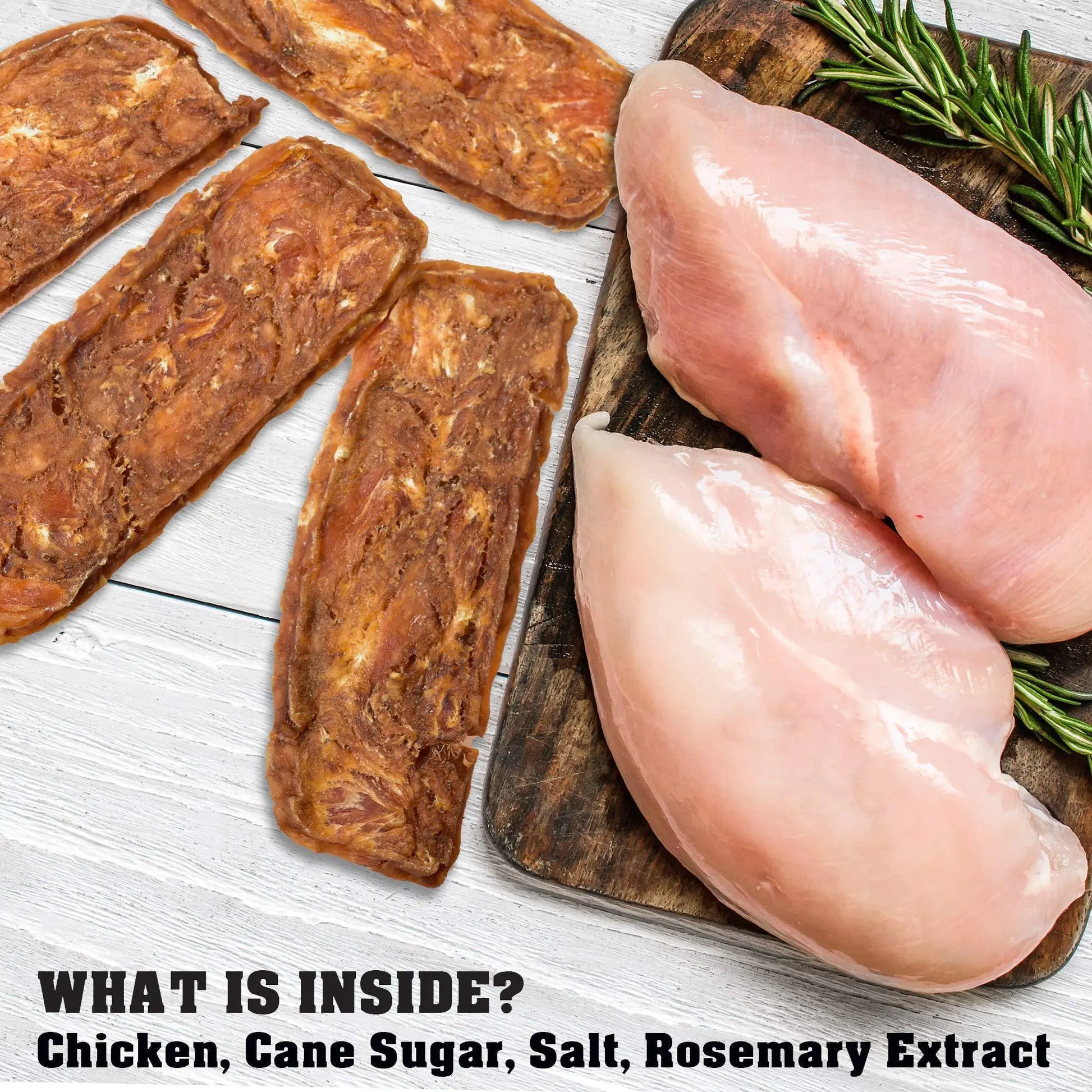 Raw chicken breasts and dried sausages on a wooden board with rosemary, on a white wooden surface.