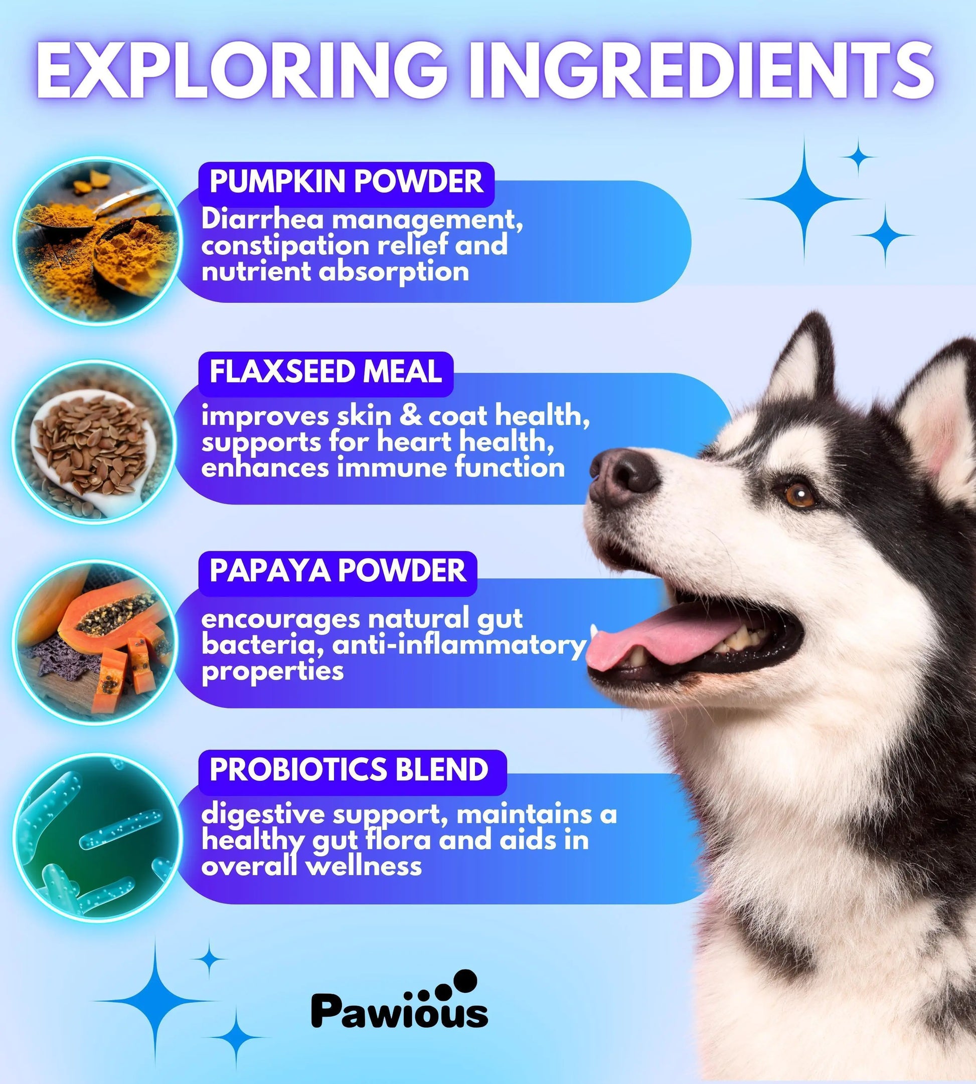 Dog with ingredients list for a pet supplement on a blue background, featuring Pumpkin Powder, Flaxseed Meal, Papaya Powder, and Probiotics Blend.