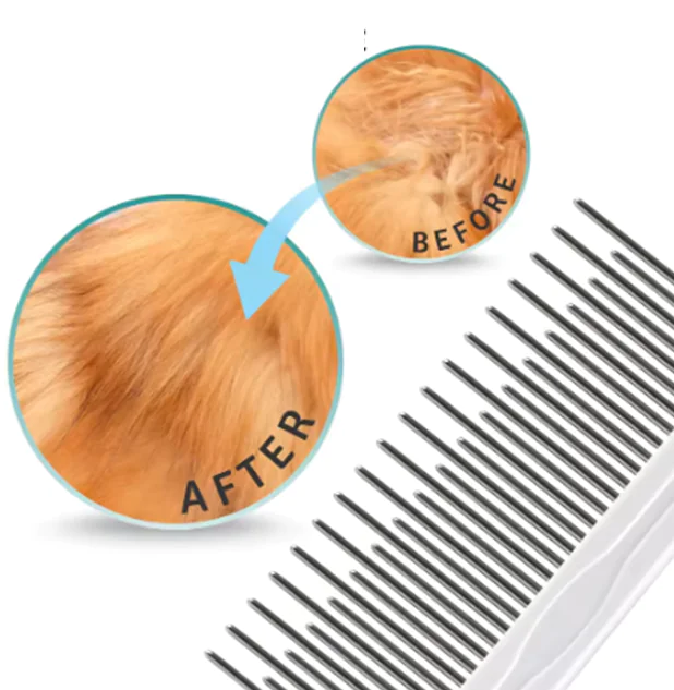 Comparison of hair before and after use with a comb, showing growth and texture.