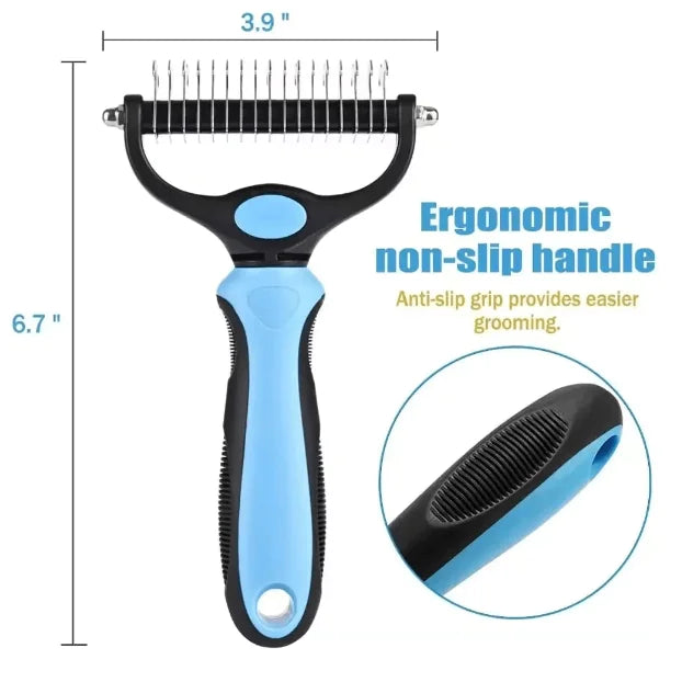 Pet grooming tool with blue handle and black bristles, showing measurements and ergonomic handle features.