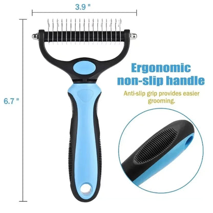 Pet grooming tool with blue handle and black bristles, showing measurements and ergonomic handle features.