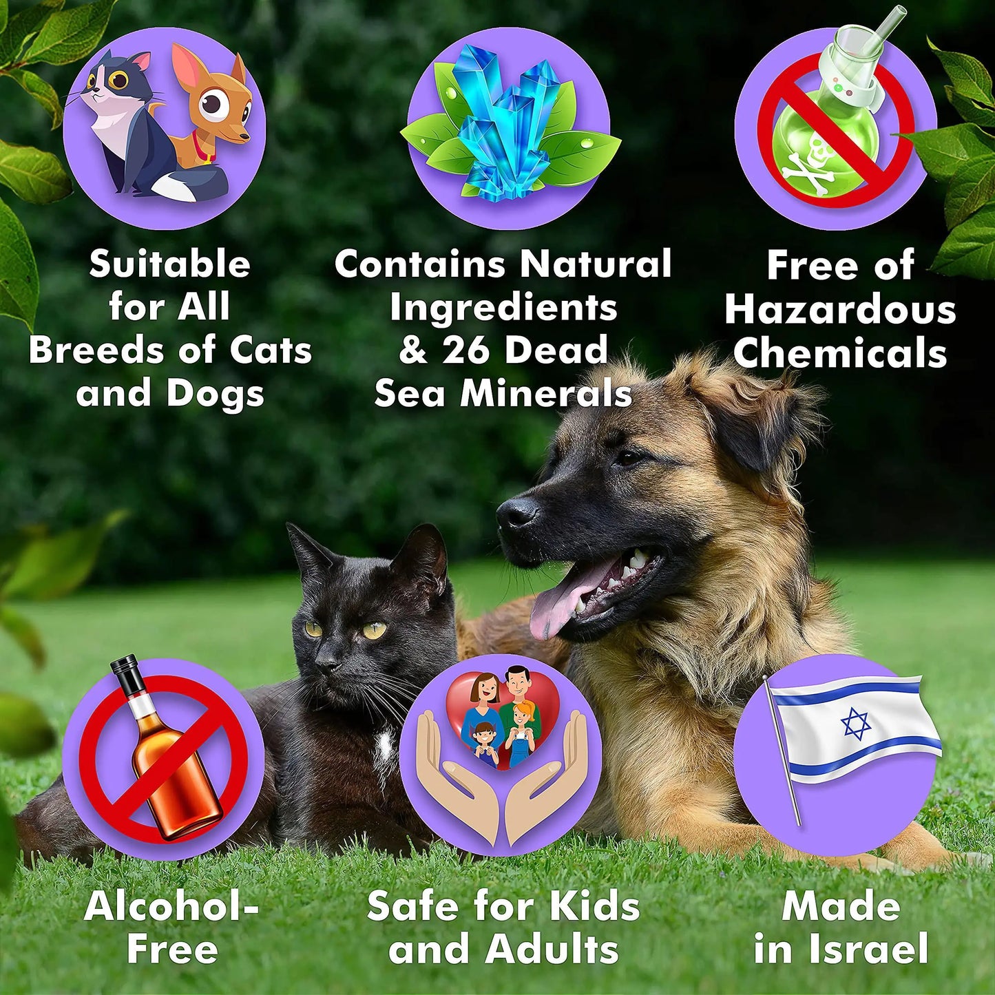 Two dogs and a cat lying on grass with product features highlighted in icons.