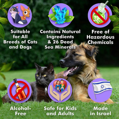 Two dogs and a cat lying on grass with product features highlighted in icons.