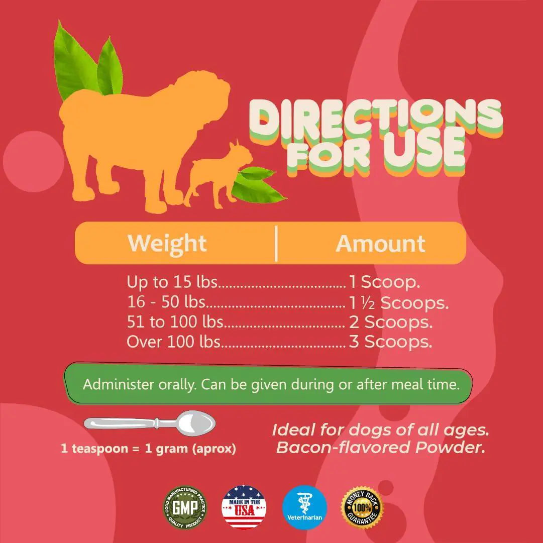 Dog food packaging with weight-based serving instructions on a red background