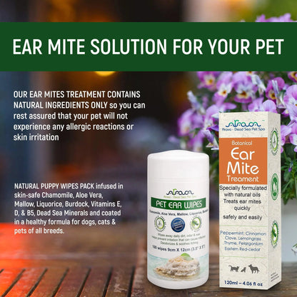Ear mite solution for pets with product packaging and text on a blurred background