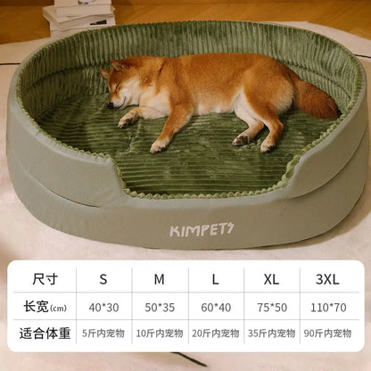 Dog lying on a green pet bed with 'KIMPETS' branding, on a wooden floor.