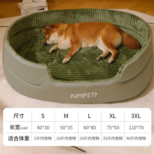 Dog lying on a green pet bed with 'KIMPETS' branding, on a wooden floor.
