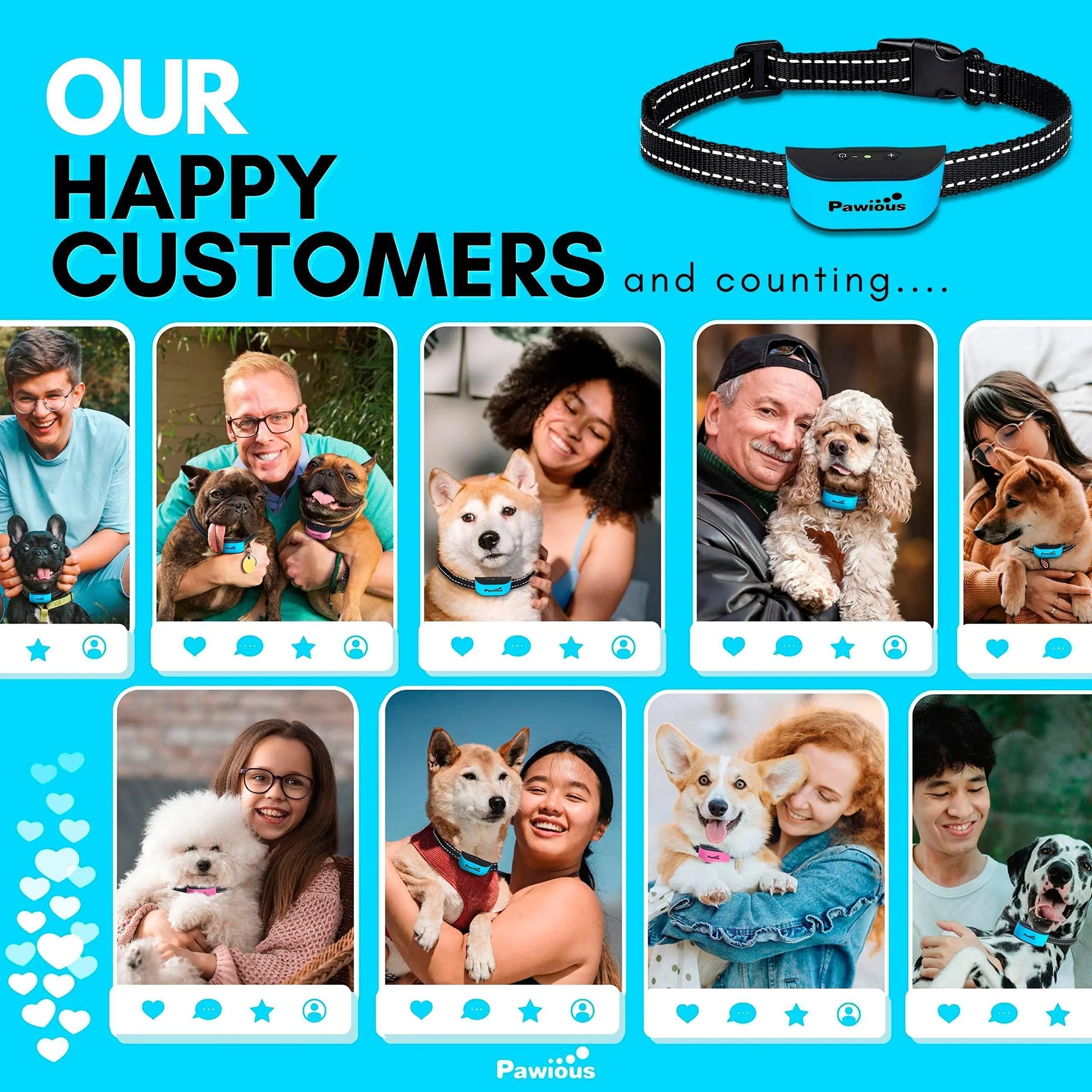 Promotional graphic for Pawious dog collar featuring happy customers with their dogs on a blue background.