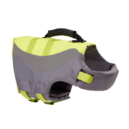 Dog life jacket with gray and yellow color scheme on a white background