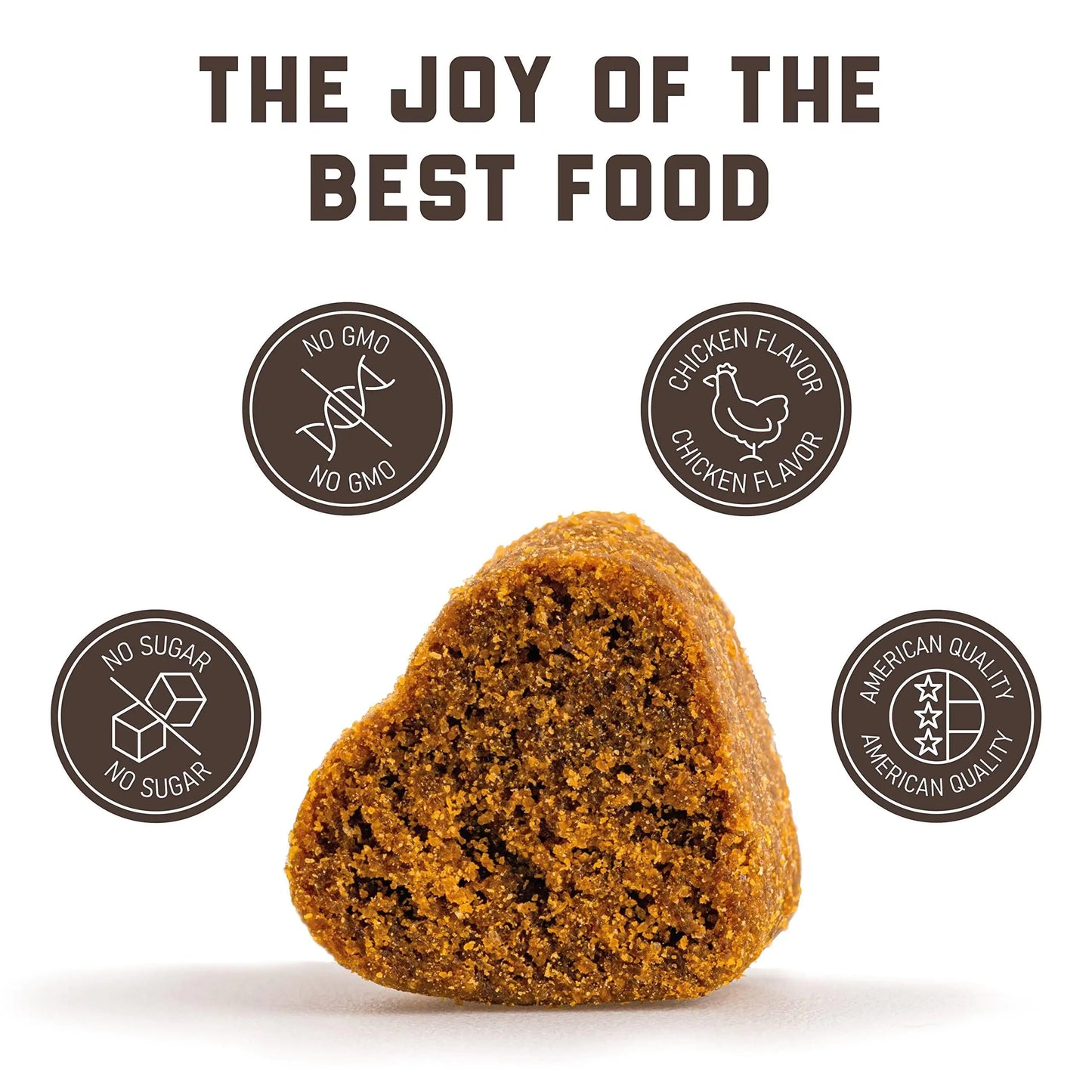 Heart-shaped piece of brown food with certification icons and text on a white background