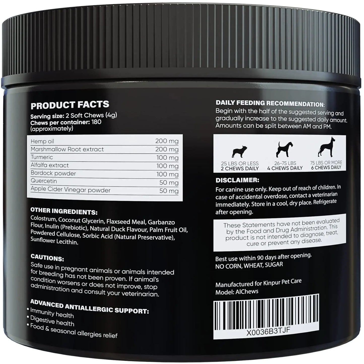 Back label of a black supplement container with product facts, daily feeding recommendation, and other information.