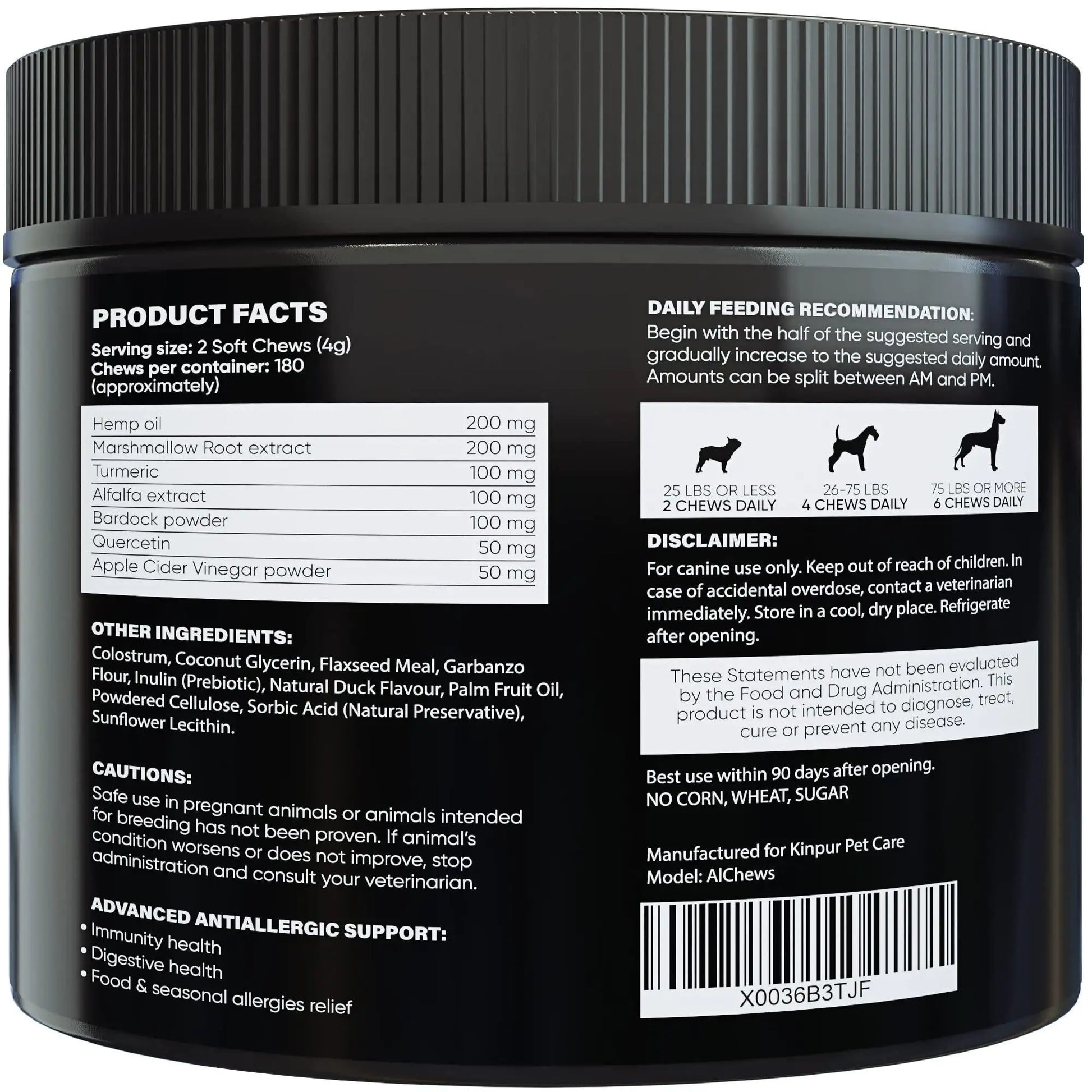 Back label of a black supplement container with product facts, daily feeding recommendation, and other information.