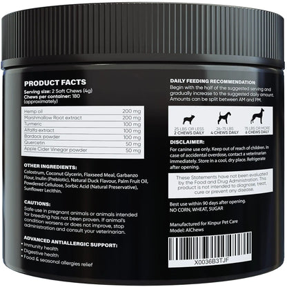 Back label of a black supplement container with product facts, daily feeding recommendation, and other information.