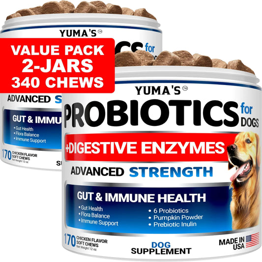 Two containers of Yuma's Probiotics for Dogs with a dog on the label.