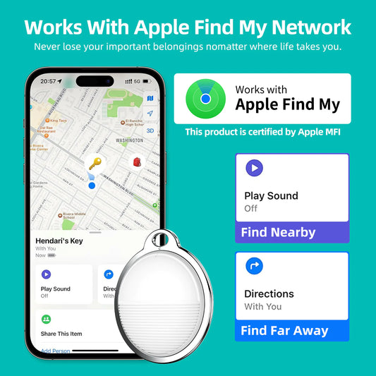 Smart keychain with app interface on phone screen, featuring Apple Find My Network certification.