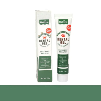 Dog dental gel packaging with tube and box on a white background