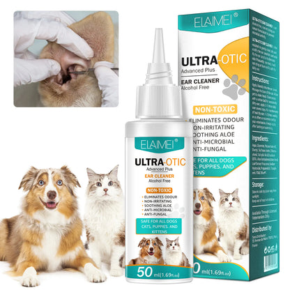 Elaimi Ultra-Otic ear cleaner for pets with packaging and usage illustration.